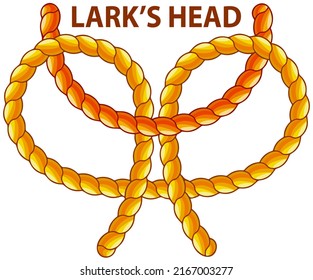 Yellow Nautical Rope Knot, Interweaving Of Ropes, Cables, Tapes Or Other Flexible Linear Materials. Larks Head Isolated On White. Household Binding And Fastening Unit For Permanent Fastening