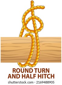 Yellow nautical rope knot, interweaving of ropes, cables, tapes or other flexible linear materials. Round turn half hitch isolated on white. Clutch knot used to attach rope to oddly shaped objects