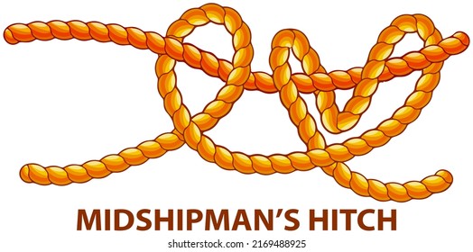 Yellow nautical rope knot, interweaving of ropes, cables, tapes or other flexible linear materials. Midshipmans hitch isolated on white. Household binding and fastening unit for permanent fastening