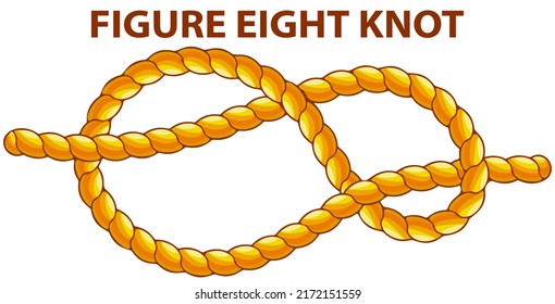 Yellow nautical rope knot, interweaving of ropes, cables, tapes or other flexible linear materials. Figure eight knot isolated on white. Household binding and fastening unit for permanent fastening