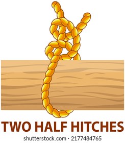 Yellow nautical rope knot, interweaving of ropes, cables, tapes or other flexible linear materials. Two half hitches isolated on white. Household binding and fastening unit for permanent fastening