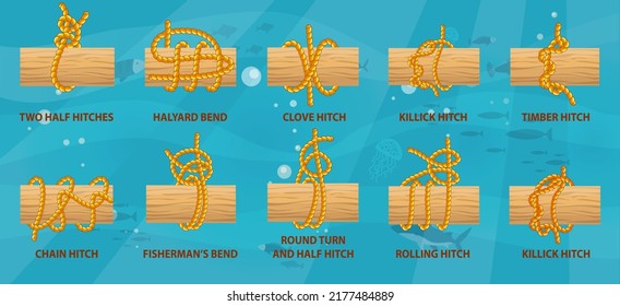 Yellow nautical rope knot, interweaving of ropes, tapes or other flexible linear materials. Twisted tape set of rope knots, hitches, bows, bends. Fastening any tackle or connection between two cables
