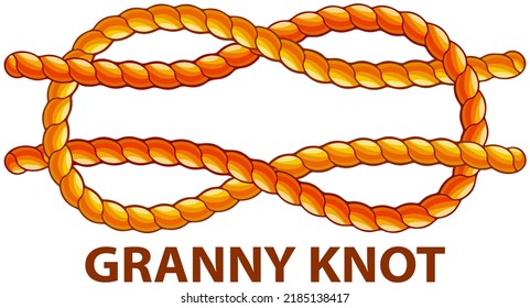 Yellow nautical rope knot, interweaving of ropes, cables, tapes or other flexible linear materials. Granny knot isolated on white. Household binding and fastening unit for permanent fastening