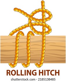 Yellow nautical rope knot, interweaving of ropes, cables, tapes or other flexible linear materials. Rolling hitch isolated on white. Household binding and fastening unit for permanent fastening