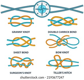 Yellow nautical rope knot, interweaving of ropes, tapes or other flexible linear materials. Twisted tape set of rope knots, hitches, bows, bends. Fastening any tackle or connection between two