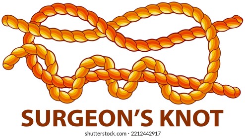 Yellow nautical rope knot, interweaving of ropes, cables, tapes or other flexible linear materials. Surgeons knot isolated on white. Household binding and fastening unit for permanent fastening