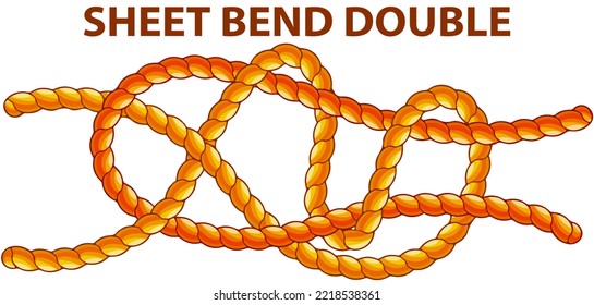 Yellow nautical rope knot, interweaving of ropes, cables, tapes or other flexible linear materials. Sheet bend double isolated on white. Household binding and fastening unit for permanent fastening