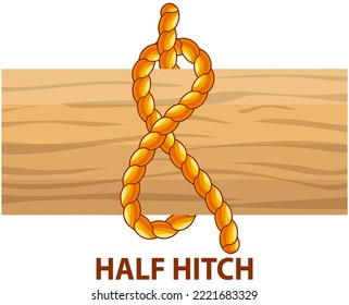 Yellow nautical rope knot, interweaving of ropes, cables, tapes or other flexible linear materials. Half hitch isolated on white background. Clutch knot used to attach rope to oddly shaped objects