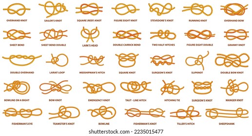 Yellow nautical rope knot, interweaving of ropes, tapes or other flexible linear materials. Twisted tape set of rope knots, hitches, bows, bends. Fastening any tackle or connection between two cables