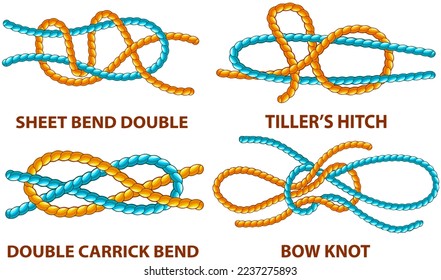 Yellow nautical rope knot, interweaving of ropes, cables, tapes or other flexible linear materials. Twisted tape set isolated on white. Special binding and fastening unit for permanent fastening