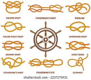 Yellow nautical rope knot, interweaving of ropes, tapes or other flexible linear materials. Twisted tape set isolated. For fast and reliable fastening of any tackle or connection between two cables