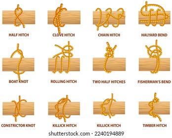 Yellow nautical rope knot, interweaving of ropes, cables, tapes or other flexible linear materials. Twisted tape set isolated on white. Special binding and fastening unit for permanent fastening