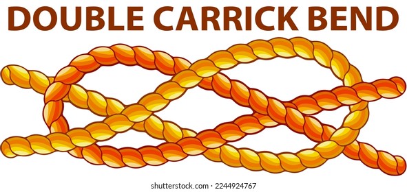 Yellow nautical rope knot, interweaving of ropes, cables, tapes or other flexible linear materials. Double carrick bend isolated on white. Household binding and fastening unit for permanent fastening