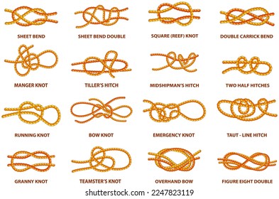 Nudo de cuerda náutica amarillo, entrelazado de cuerdas, cintas u otros materiales lineales flexibles. Ajuste de cinta con torsión aislado. Para el cierre rápido y fiable de cualquier aparejo o conexión entre dos cables