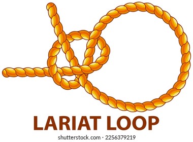Nudo de cuerda náutica amarillo, entrelazado de cuerdas, cables, cintas u otros materiales lineales flexibles. Lariat se aisló en blanco. Unidad de fijación y fijación del hogar para el cierre permanente