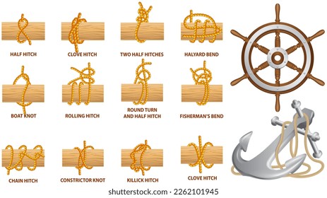 Yellow nautical rope knot, interweaving of ropes, tapes or other flexible linear materials. Twisted tape set isolated knot. For fast and reliable fastening any tackle or connection between two cables