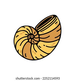 Yellow nautilus shell vector icon. Hand drawn simple doodle isolated on white. Round seashell, underwater mollusk or snail. Seafood, tasty delicacy. Flat cartoon clipart for menu, posters, prints, web