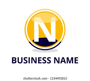 yellow and navy blue color glasses circle button web logo graphic design with modern clean style for any professional company with initial type letter n on it