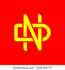 Logotipo de Monograma ND Amarelo no Fundo Vermelho - Abstrato Estilizado Interconectado Cartas Design"