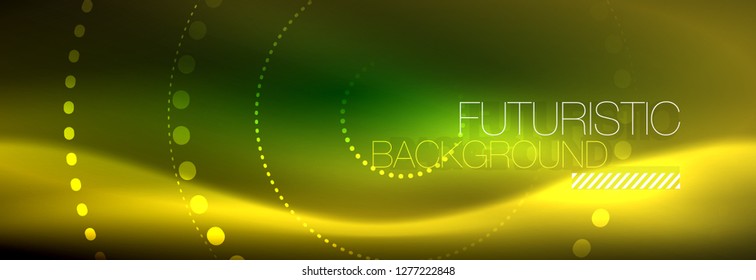 Yellow neon abstract background with dotted circles, blurred shiny glass design