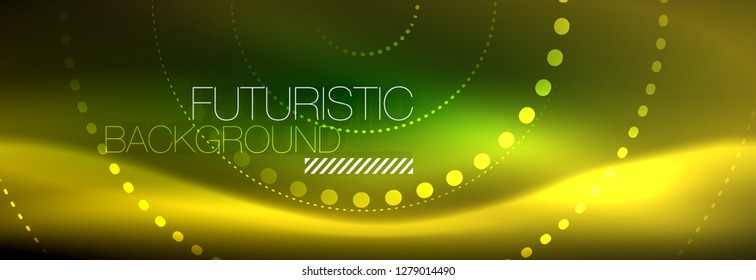 Fondo abstracto de neón amarillo con círculos punteados, diseño de vidrio brillante borroso