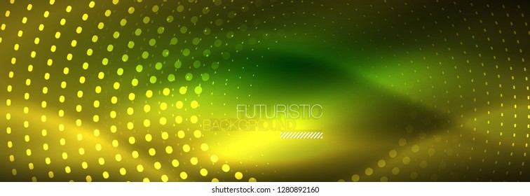 Yellow neon abstract background with dotted circles, blurred shiny glass design
