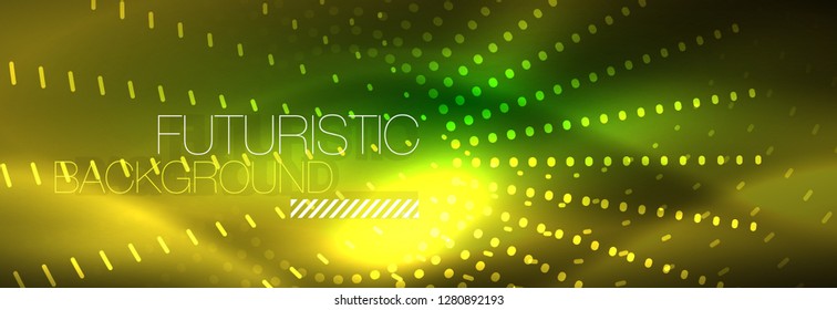 Yellow neon abstract background with dotted circles, blurred shiny glass design