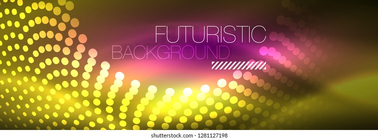 Fondo abstracto de neón amarillo con círculos punteados, diseño de vidrio brillante borroso