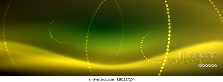 Yellow neon abstract background with dotted circles, blurred shiny glass design