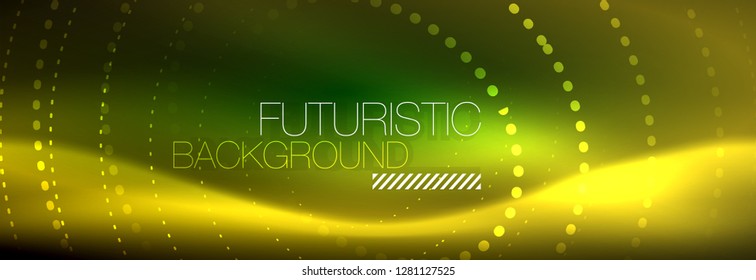 Yellow neon abstract background with dotted circles, blurred shiny glass design