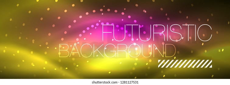 Abstrakter gelber Neon-Hintergrund mit gepunkteten Kreisen, unscharfes glänzendes Glasdesign