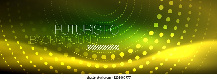 Yellow neon abstract background with dotted circles, blurred shiny glass design