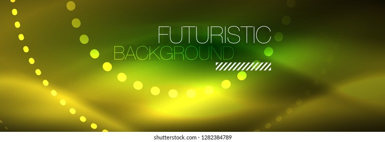 Yellow neon abstract background with dotted circles, blurred shiny glass design