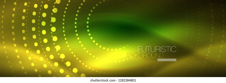 Yellow neon abstract background with dotted circles, blurred shiny glass design
