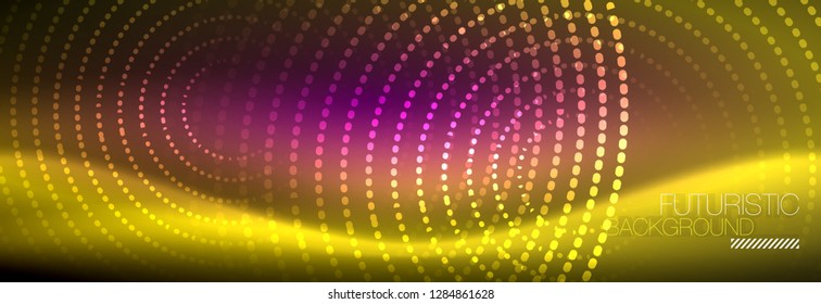 Fondo abstracto de neón amarillo con círculos punteados, diseño de vidrio brillante borroso