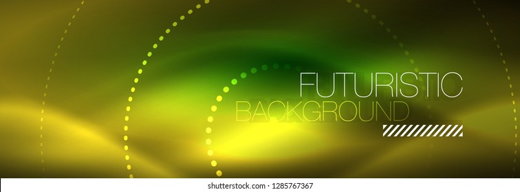 Yellow neon abstract background with dotted circles, blurred shiny glass design