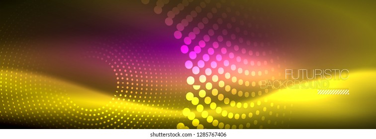 Yellow neon abstract background with dotted circles, blurred shiny glass design