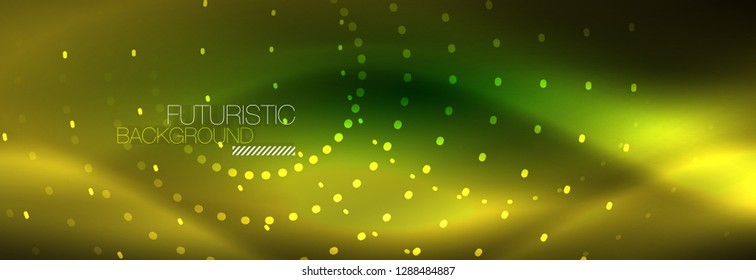 Yellow neon abstract background with dotted circles, blurred shiny glass design