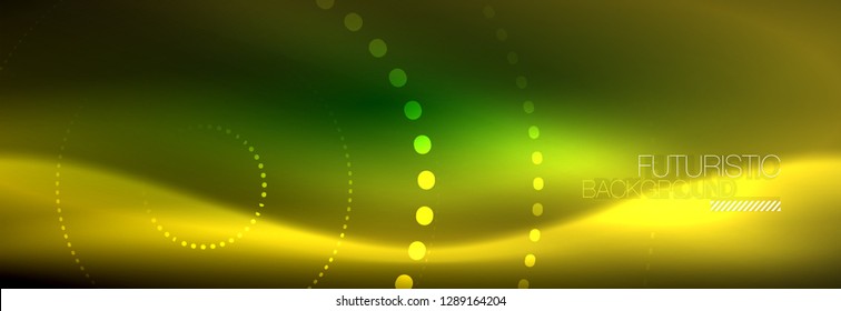 Yellow neon abstract background with dotted circles, blurred shiny glass design