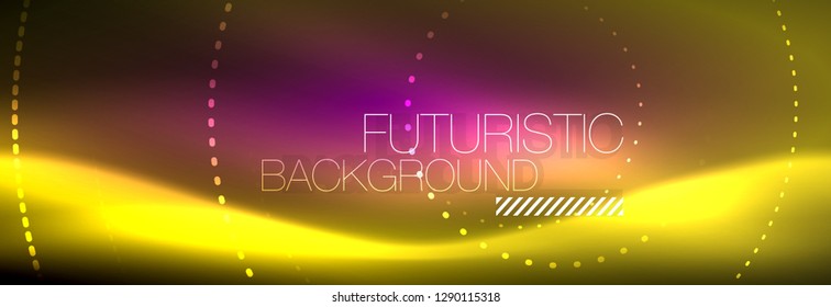 Yellow neon abstract background with dotted circles, blurred shiny glass design