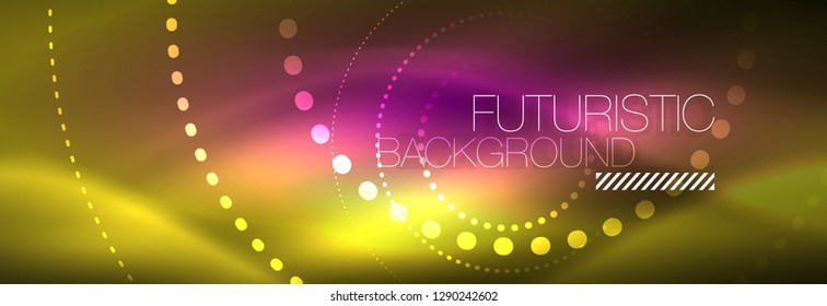Yellow neon abstract background with dotted circles, blurred shiny glass design