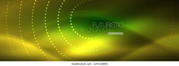 Yellow neon abstract background with dotted circles, blurred shiny glass design