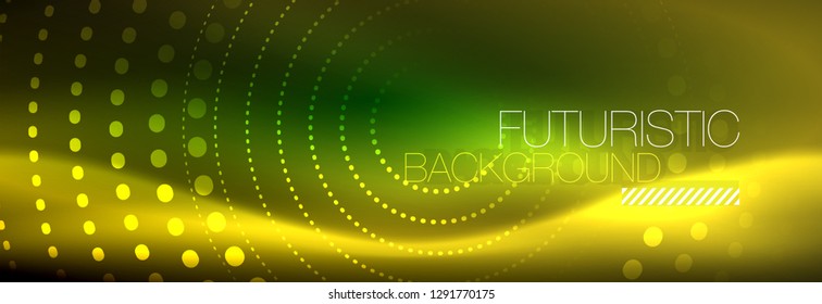 Yellow neon abstract background with dotted circles, blurred shiny glass design
