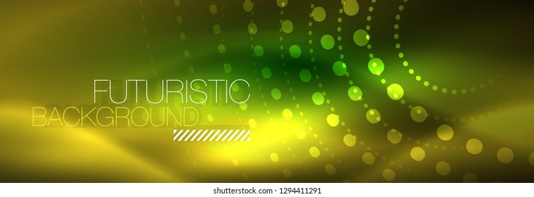 Yellow neon abstract background with dotted circles, blurred shiny glass design