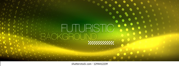 Abstrakter gelber Neon-Hintergrund mit gepunkteten Kreisen, unscharfes glänzendes Glasdesign