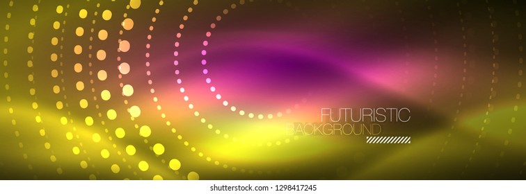 Fondo abstracto de neón amarillo con círculos punteados, diseño de vidrio brillante borroso
