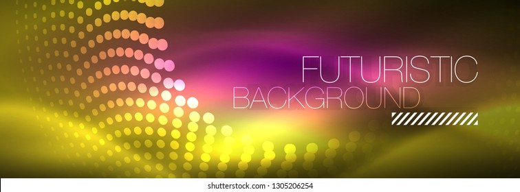 Yellow neon abstract background with dotted circles, blurred shiny glass design