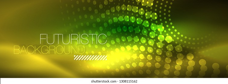Yellow neon abstract background with dotted circles, blurred shiny glass design