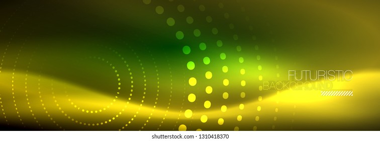 Yellow neon abstract background with dotted circles, blurred shiny glass design