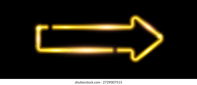 Elemento de seta de néon amarelo. Sinal de direção de led brilhante quente. Lâmpada de tubo brilhante em forma de ponta de seta. Efeito de ponteiro luminoso fluorescente brilhante para faixa, cartaz, logotipo. Ilustração de luz conduzida de néon de vetor